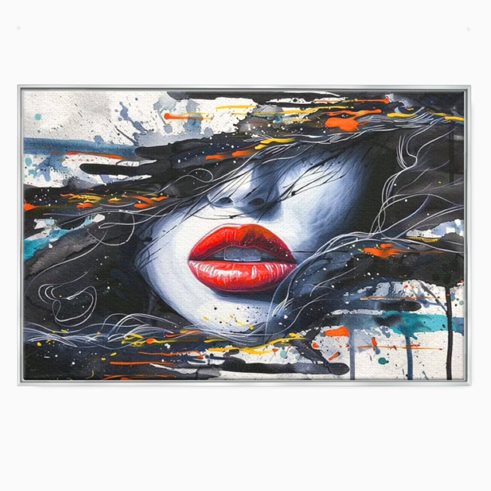 Tablou canvas cu tablou canvas cu buze rosii si par abstract, in rama de aluminiu argintiu