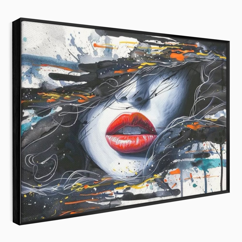 Tablou canvas cu tablou canvas cu buze rosii si par abstract, in rama de aluminiu negru