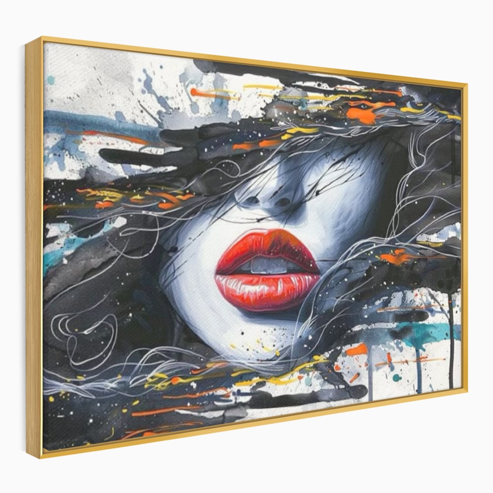 Tablou canvas cu tablou canvas cu buze rosii si par abstract, in rama de aluminiu auriu