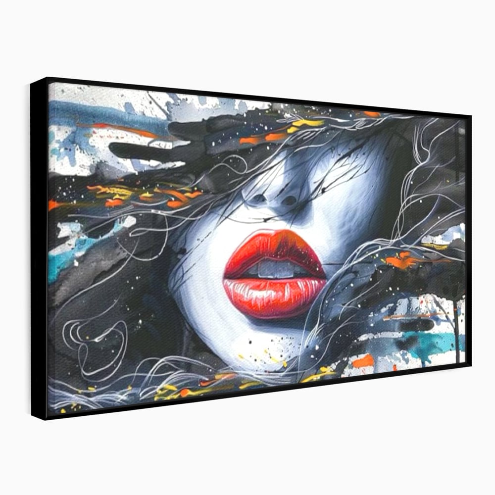 Tablou canvas cu tablou canvas cu buze rosii si par abstract, in rama de aluminiu negru