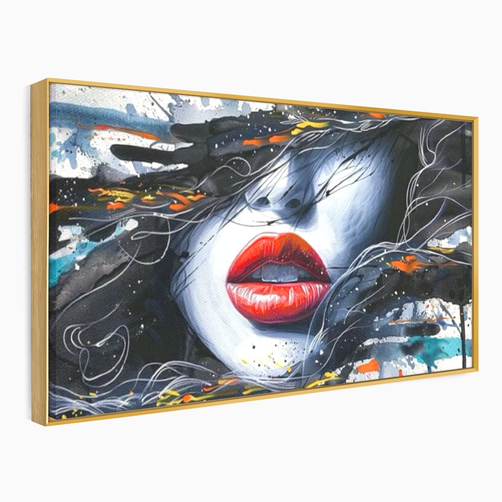 Tablou canvas cu tablou canvas cu buze rosii si par abstract, in rama de aluminiu auriu