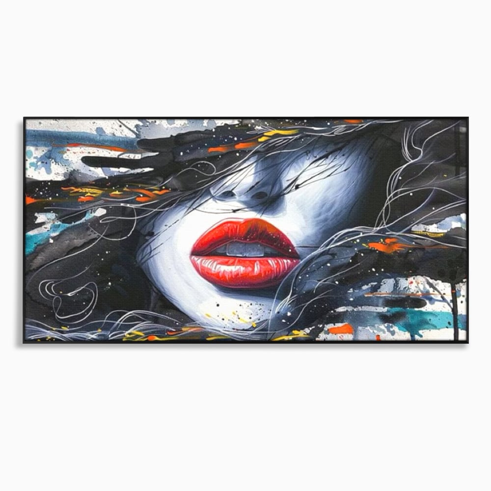 Tablou canvas cu tablou canvas cu buze rosii si par abstract, in rama de aluminiu negru