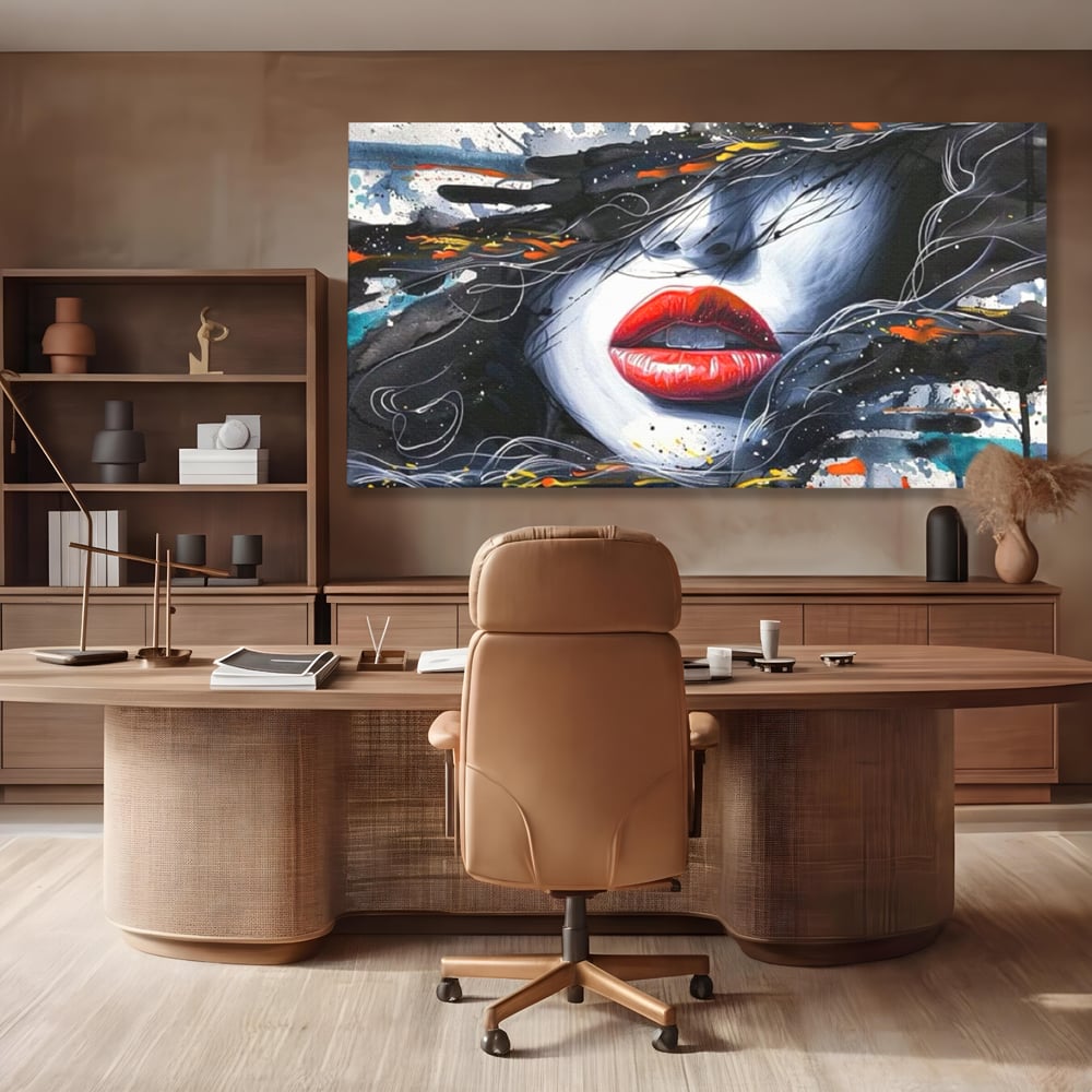 Tablou canvas cu tablou canvas cu buze rosii si par abstract, fara rama, pe sasiu de lemn, pe perete intr-un birou