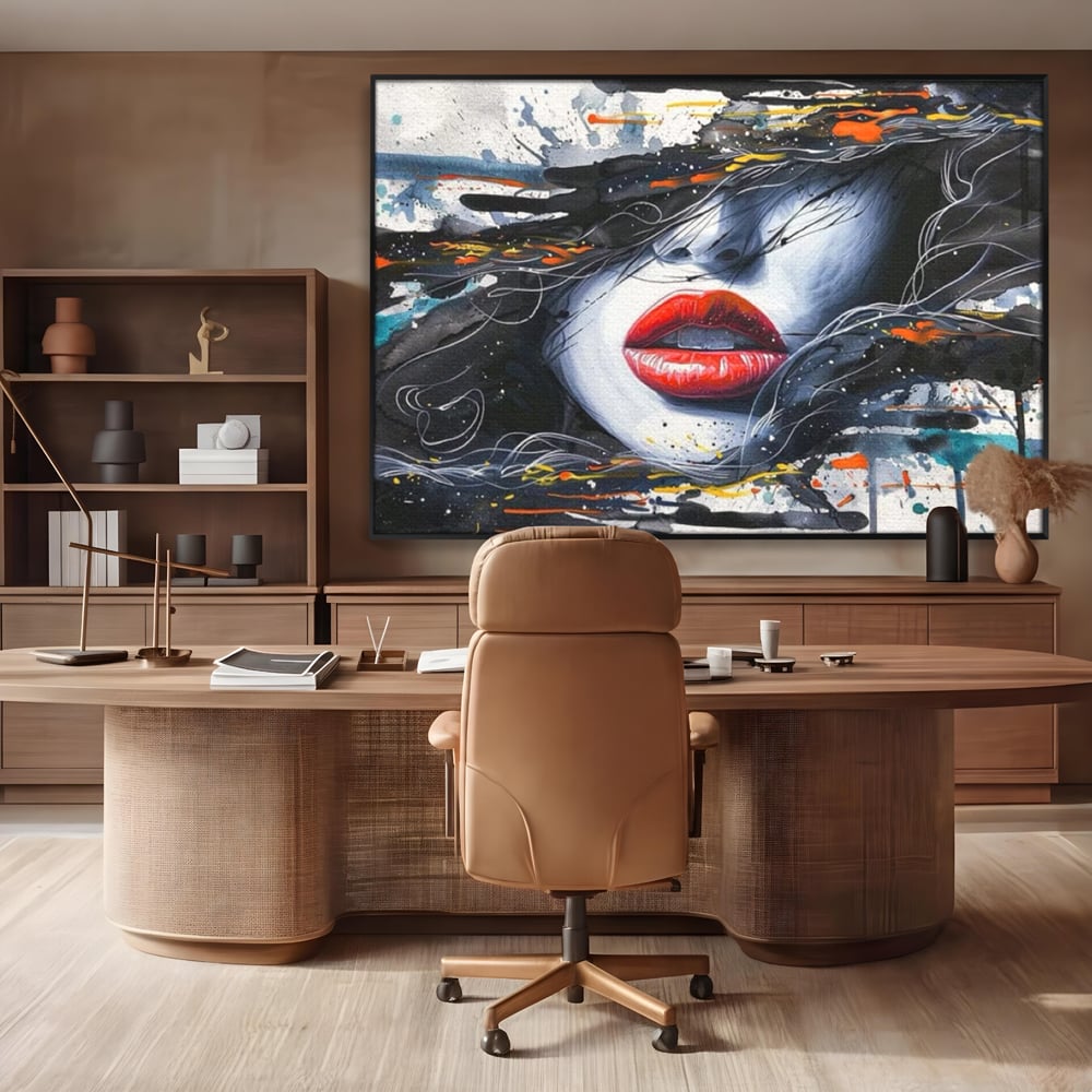 Tablou canvas cu tablou canvas cu buze rosii si par abstract, in rama de aluminiu negru, pe perete intr-un birou