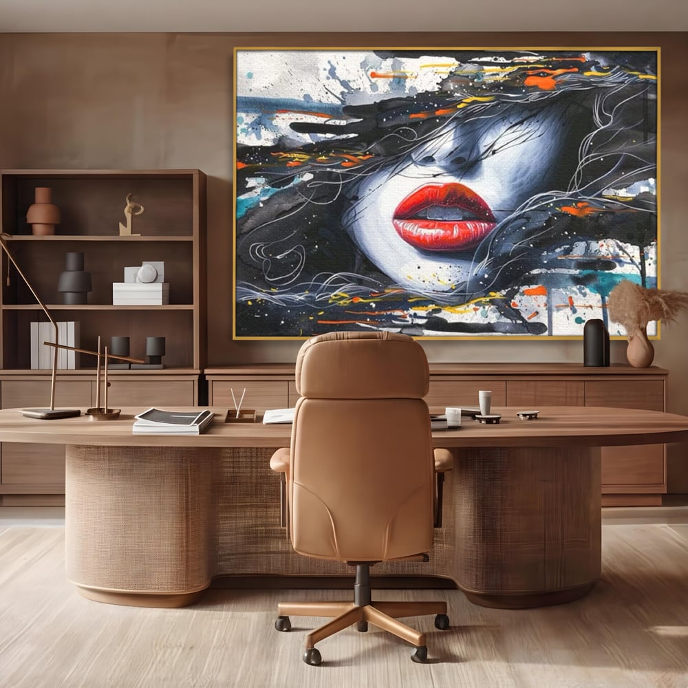 Tablou canvas cu tablou canvas cu buze rosii si par abstract, in rama de aluminiu auriu, pe perete intr-un birou