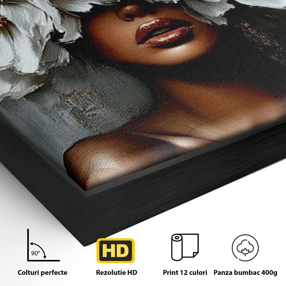 Detaliu al suprafetei: tablou canvas portret femeie cu flori, in rama de aluminiu negru