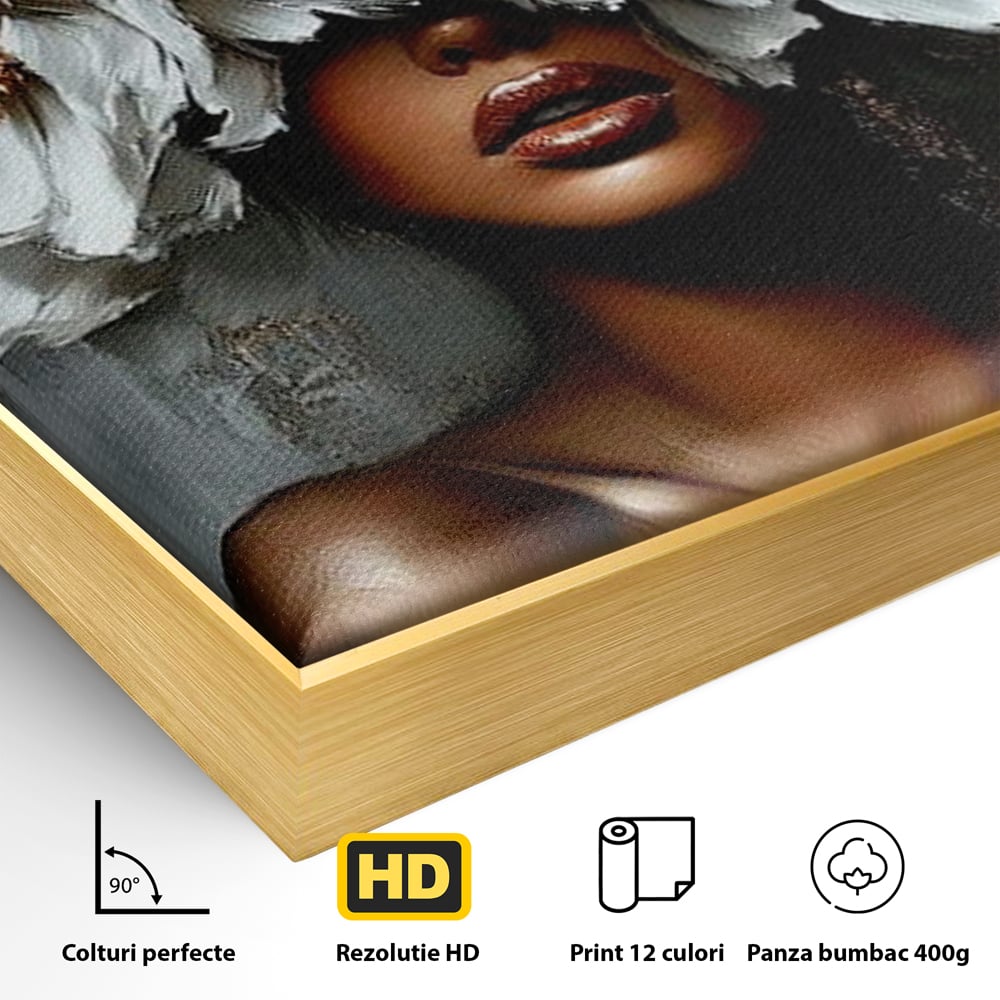 Detaliu al suprafetei: tablou canvas portret femeie cu flori, in rama de aluminiu auriu