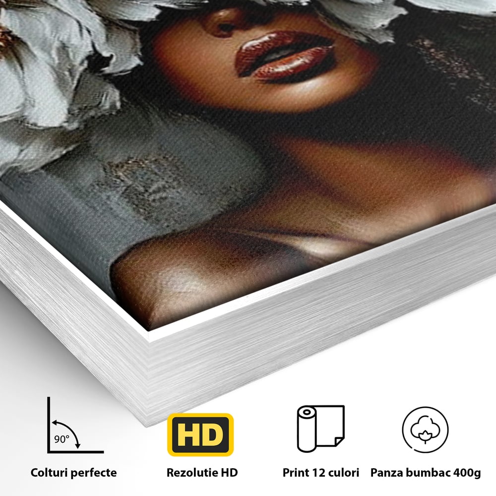 Detaliu al suprafetei: tablou canvas portret femeie cu flori, in rama de aluminiu argintiu
