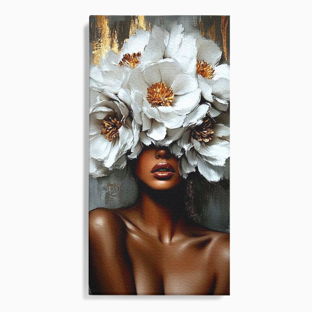 Tablou canvas cu tablou canvas portret femeie cu flori, fara rama, pe sasiu de lemn