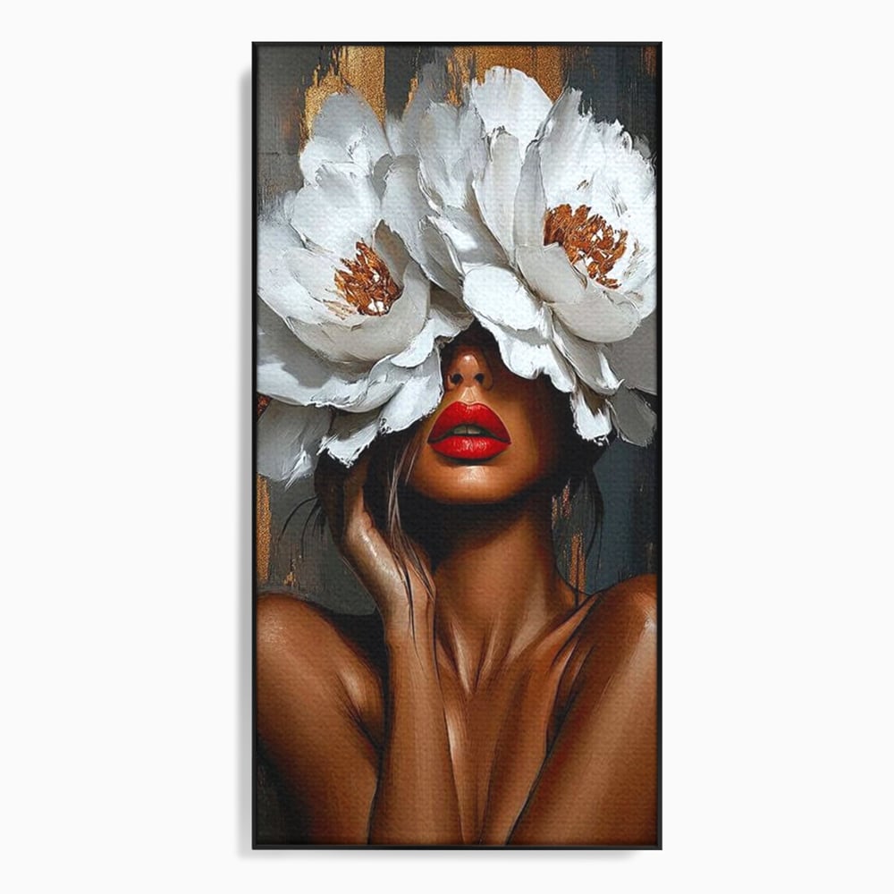 Tablou canvas cu tablou canvas cu portret de femeie, in rama de aluminiu negru