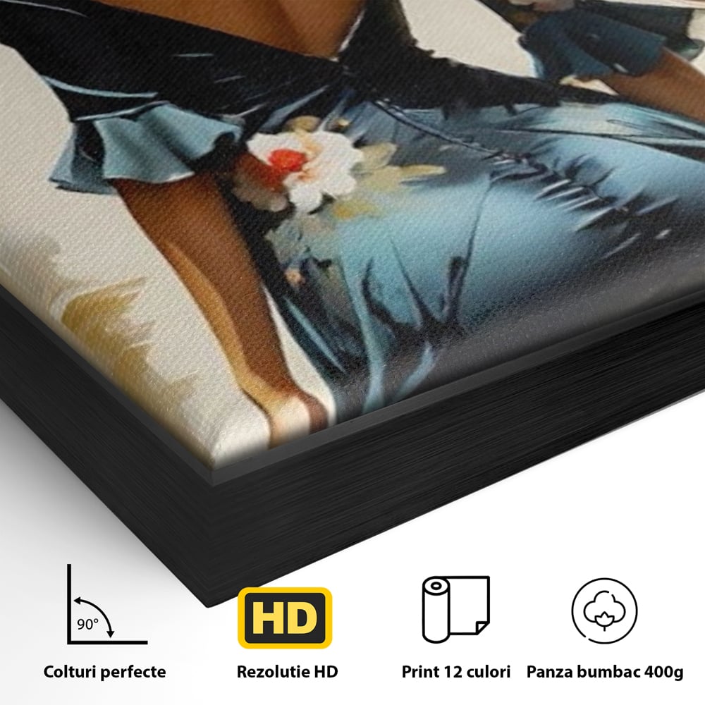 Detaliu al suprafetei: tablou canvas cu femeie in rochie albastra, in rama de aluminiu negru