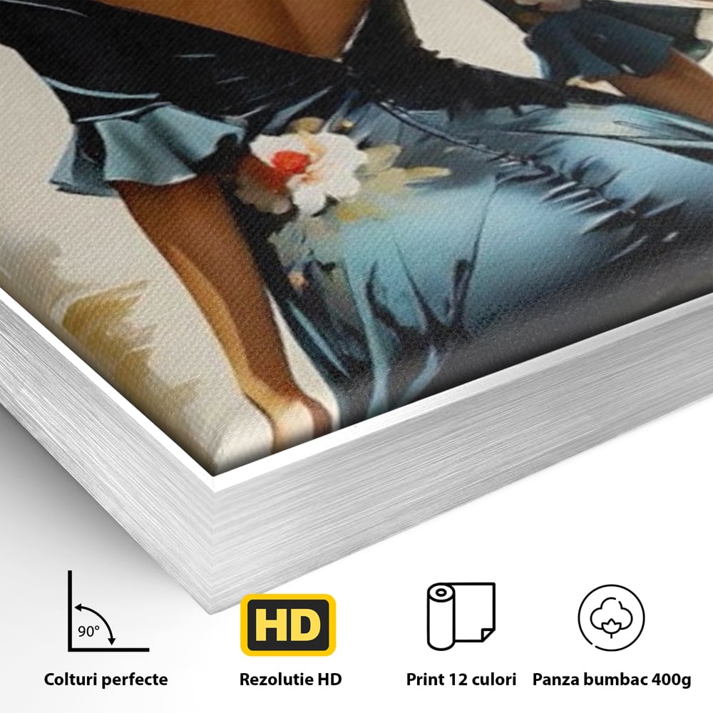Detaliu al suprafetei: tablou canvas cu femeie in rochie albastra, in rama de aluminiu argintiu