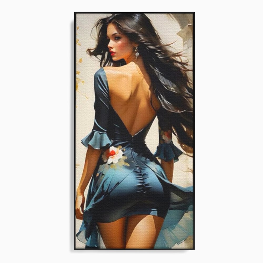 Tablou canvas cu tablou canvas cu femeie in rochie albastra, in rama de aluminiu negru