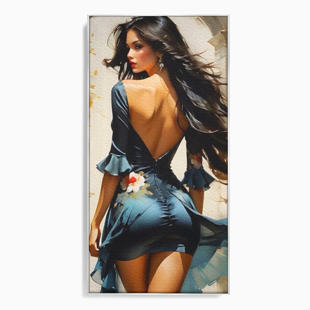 Tablou canvas cu tablou canvas cu femeie in rochie albastra, in rama de aluminiu argintiu