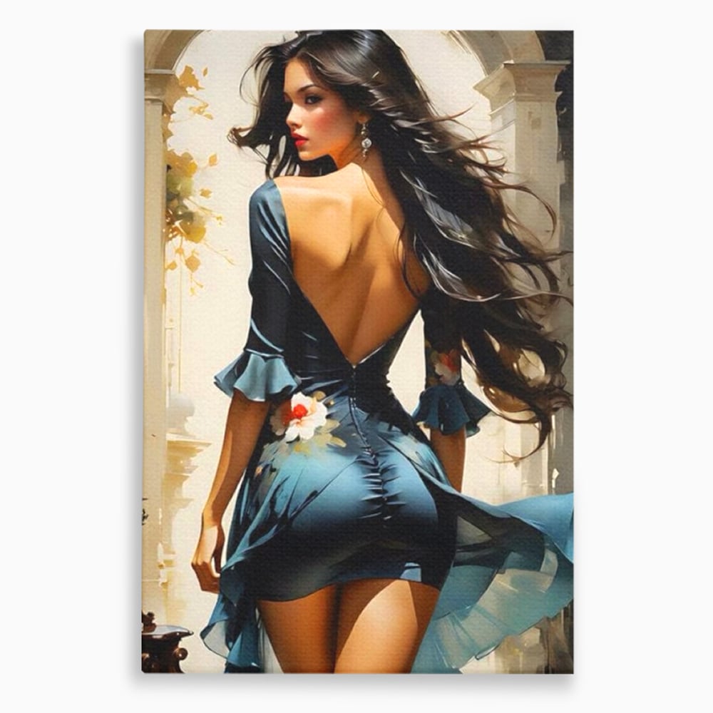 Tablou canvas cu tablou canvas cu femeie in rochie albastra, fara rama, pe sasiu de lemn