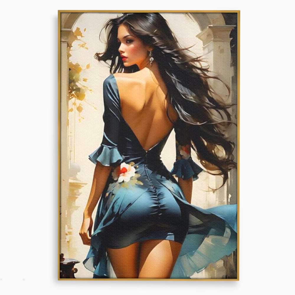 Tablou canvas cu tablou canvas cu femeie in rochie albastra, in rama de aluminiu auriu