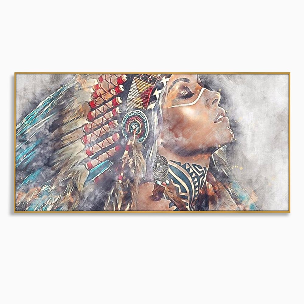 Tablou canvas cu tablou canvas cu femeie indigena, in rama de aluminiu auriu