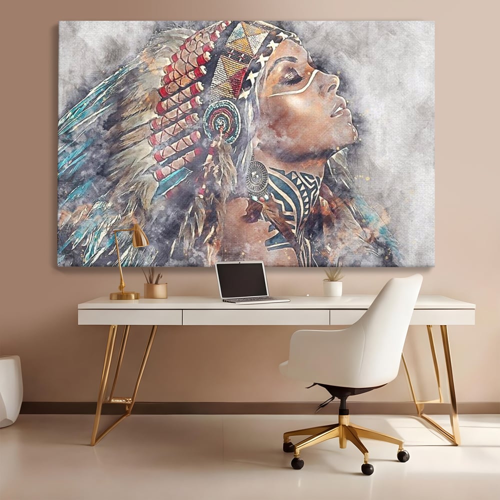 Tablou canvas cu tablou canvas cu femeie indigena, fara rama, pe sasiu de lemn, pe perete intr-un birou