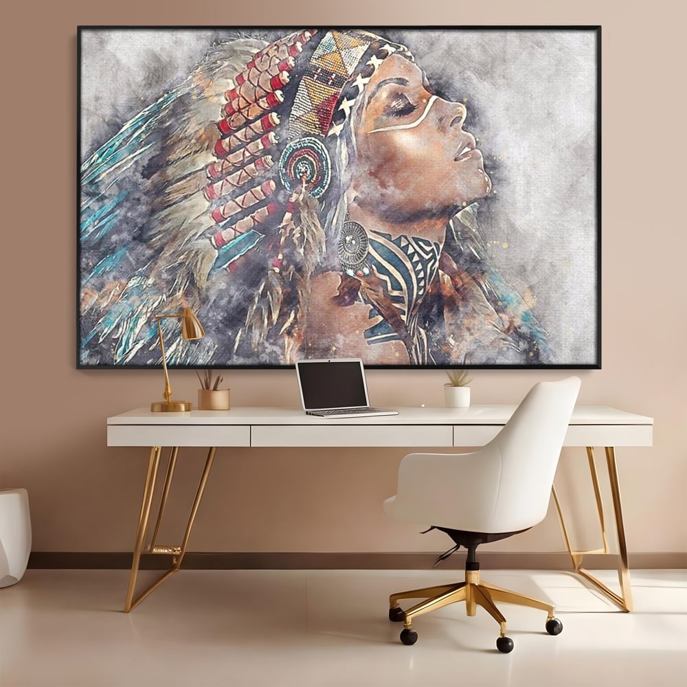 Tablou canvas cu tablou canvas cu femeie indigena, in rama de aluminiu negru, pe perete intr-un birou