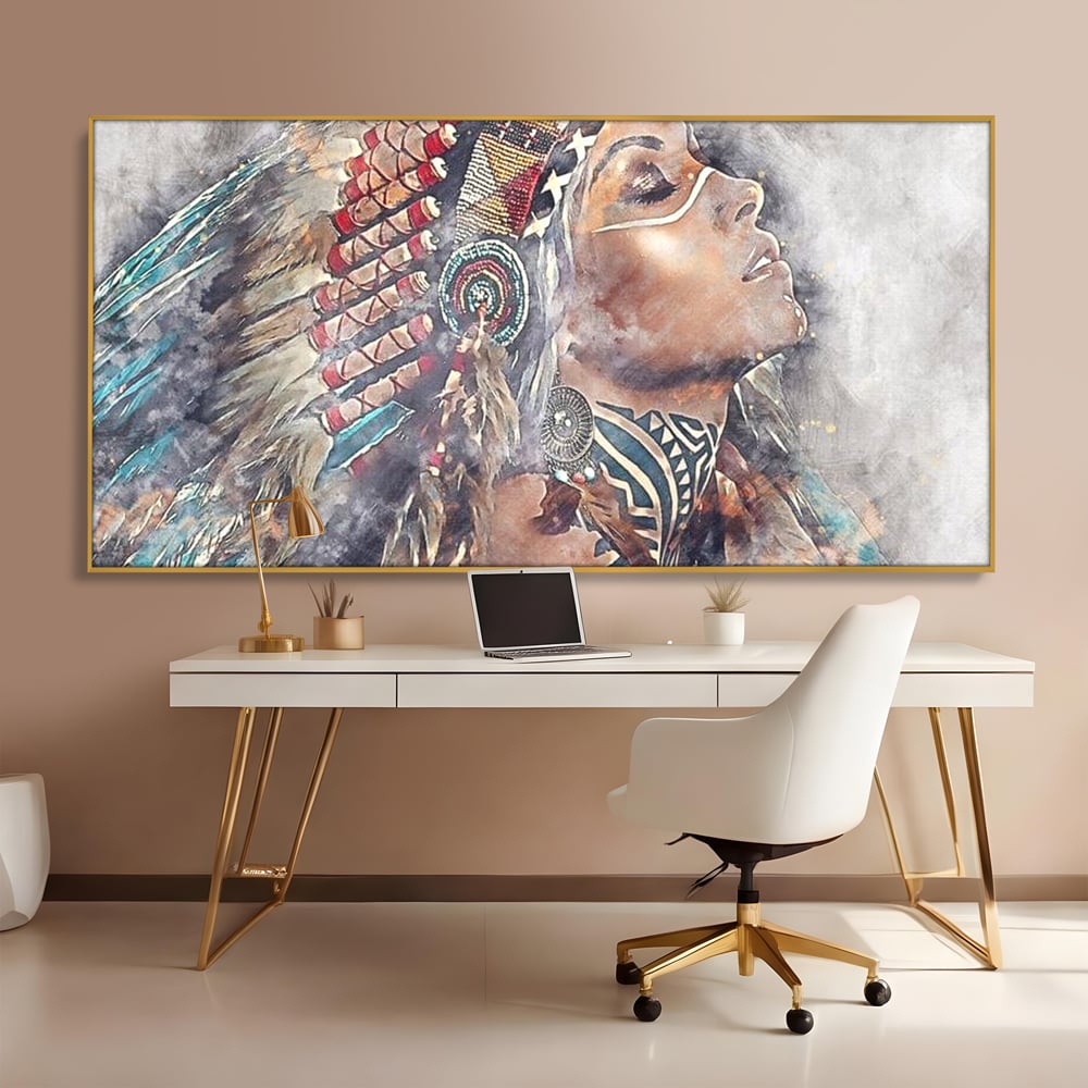 Tablou canvas cu tablou canvas cu femeie indigena, in rama de aluminiu auriu, pe perete intr-un birou