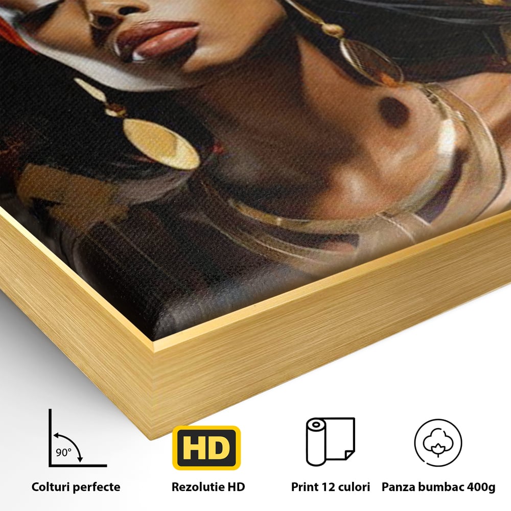 Detaliu al suprafetei: tablou canvas cu femeie si turban, in rama de aluminiu auriu
