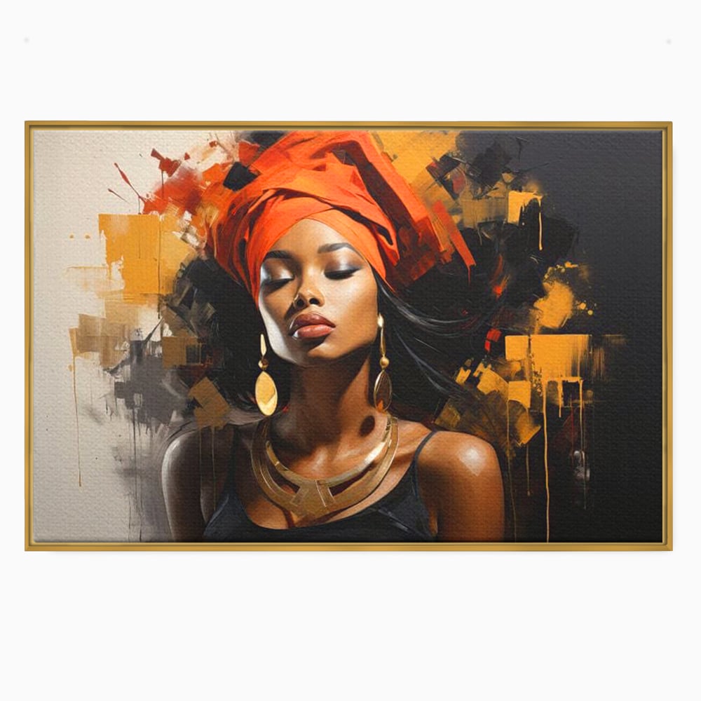 Tablou canvas cu tablou canvas cu femeie si turban, in rama de aluminiu auriu