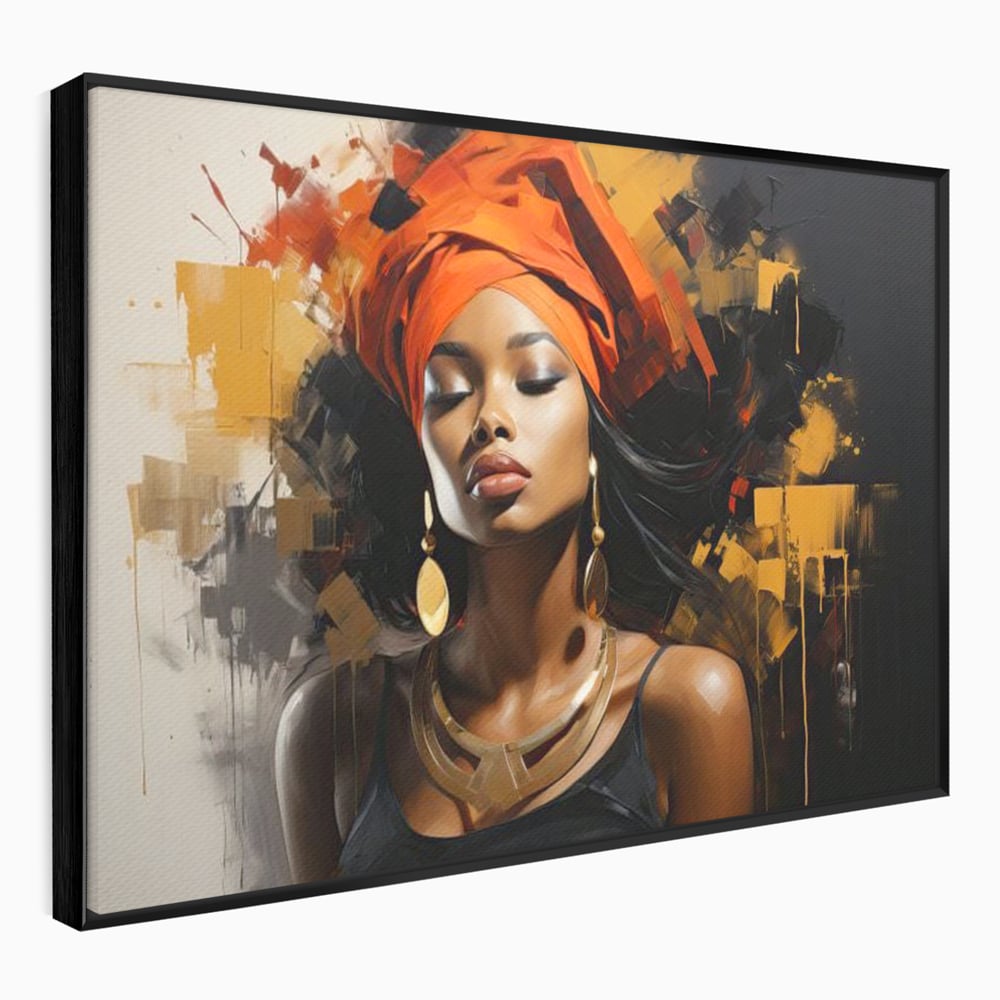 Tablou canvas cu tablou canvas cu femeie si turban, in rama de aluminiu negru