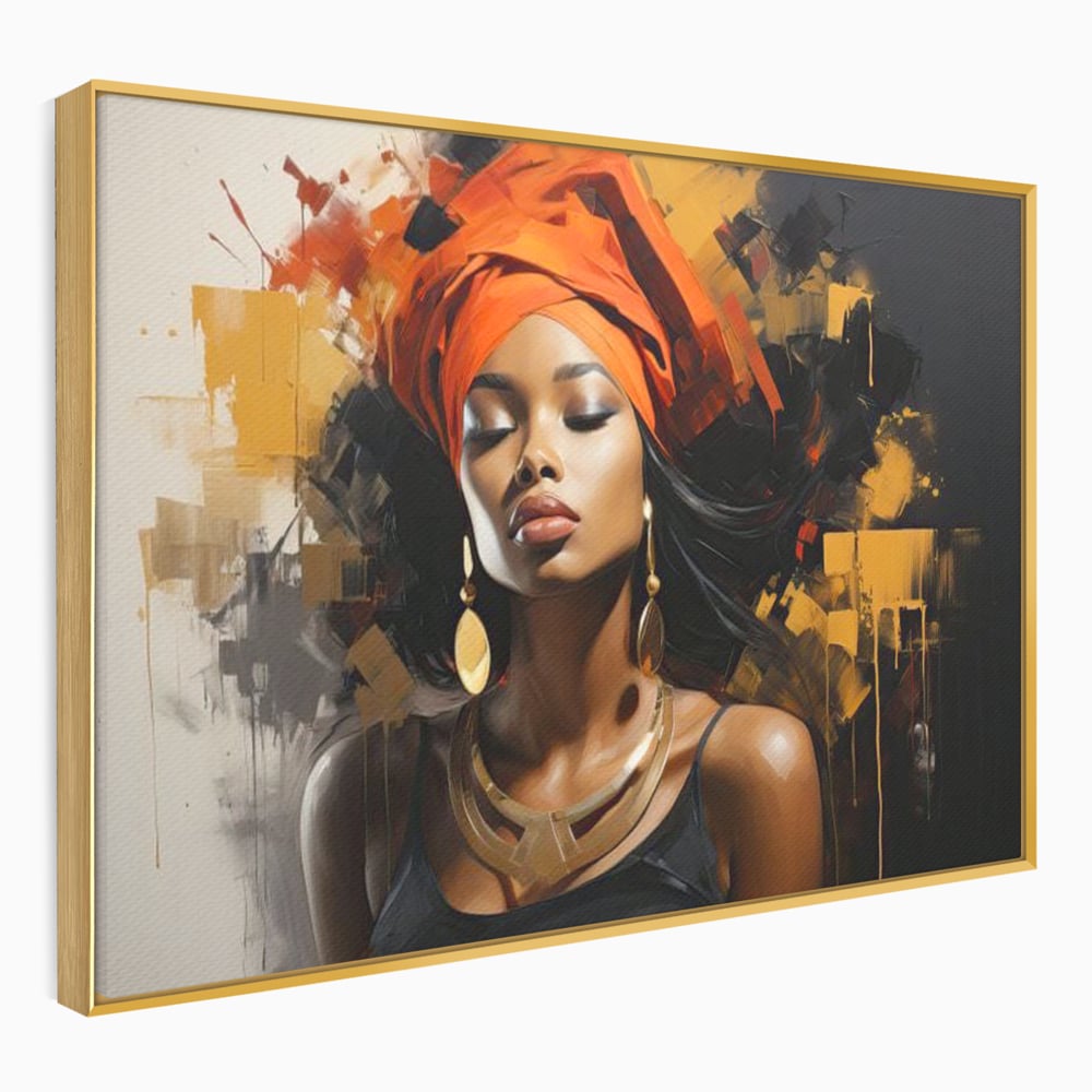 Tablou canvas cu tablou canvas cu femeie si turban, in rama de aluminiu auriu