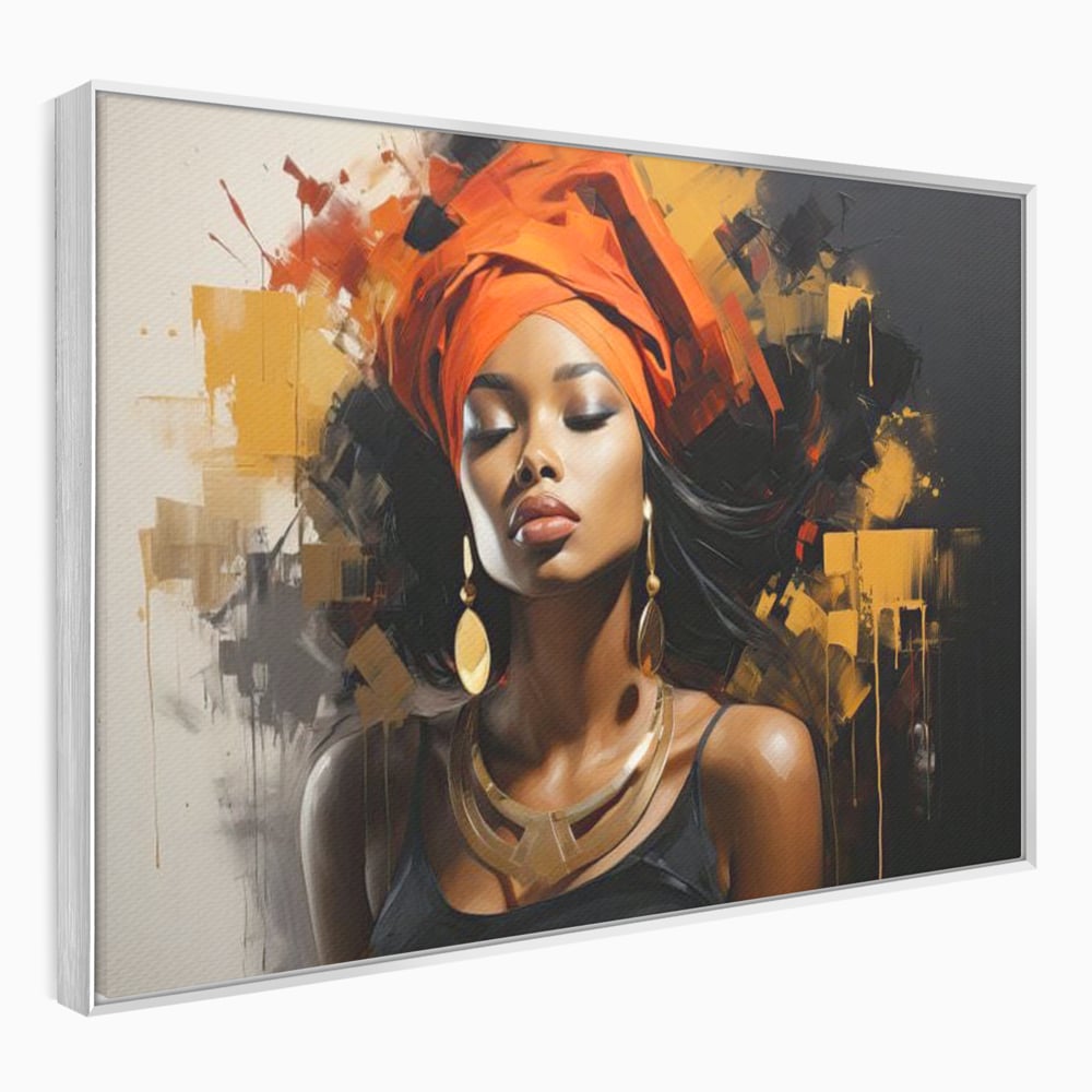Tablou canvas cu tablou canvas cu femeie si turban, in rama de aluminiu argintiu
