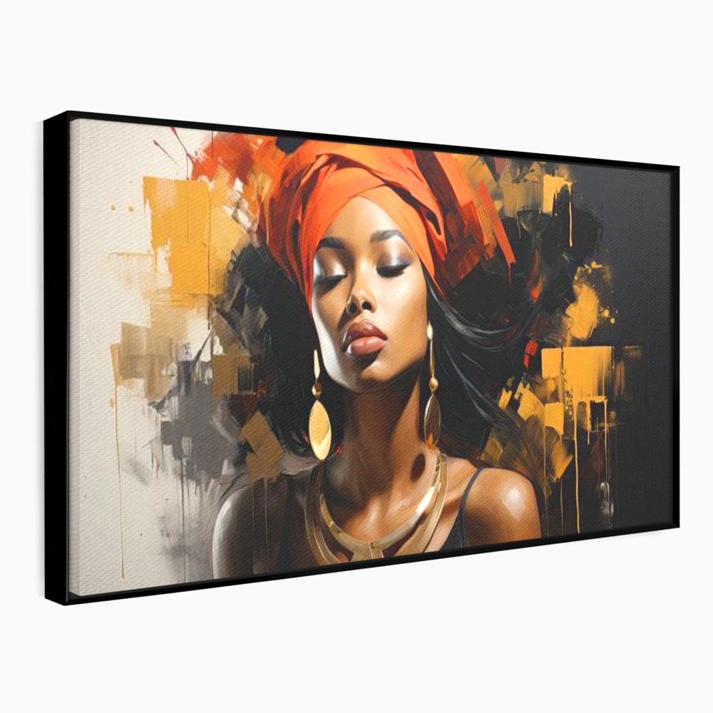 Tablou canvas cu tablou canvas cu femeie si turban, in rama de aluminiu negru