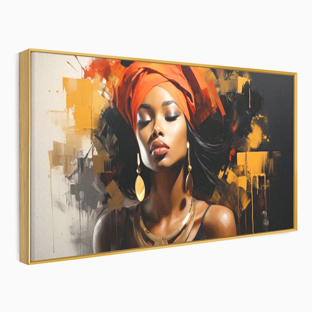 Tablou canvas cu tablou canvas cu femeie si turban, in rama de aluminiu auriu