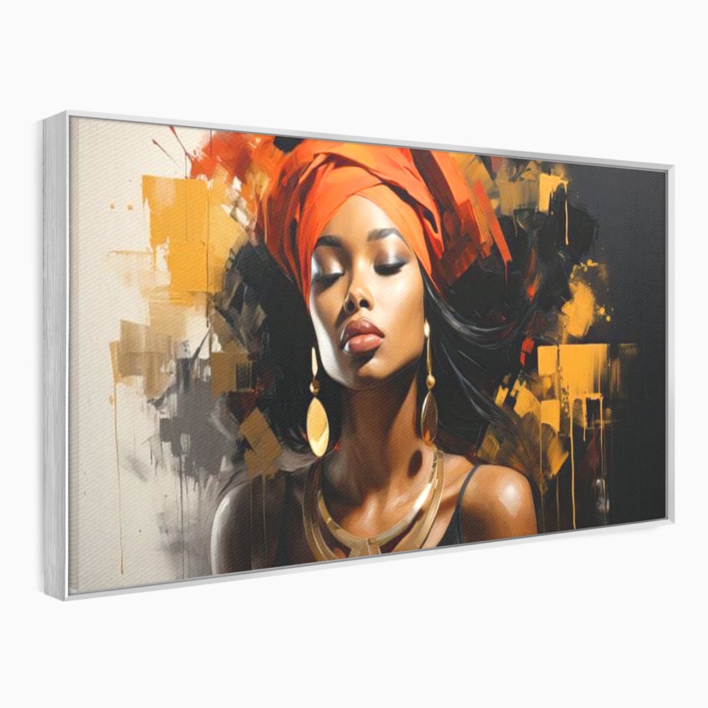 Tablou canvas cu tablou canvas cu femeie si turban, in rama de aluminiu argintiu