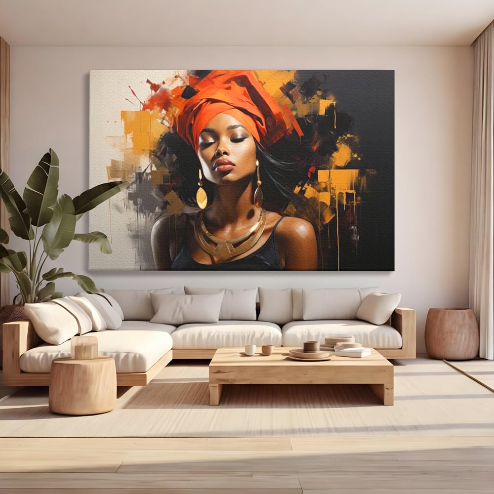 Tablou canvas cu tablou canvas cu femeie si turban, fara rama, pe sasiu de lemn, pe perete intr-un living