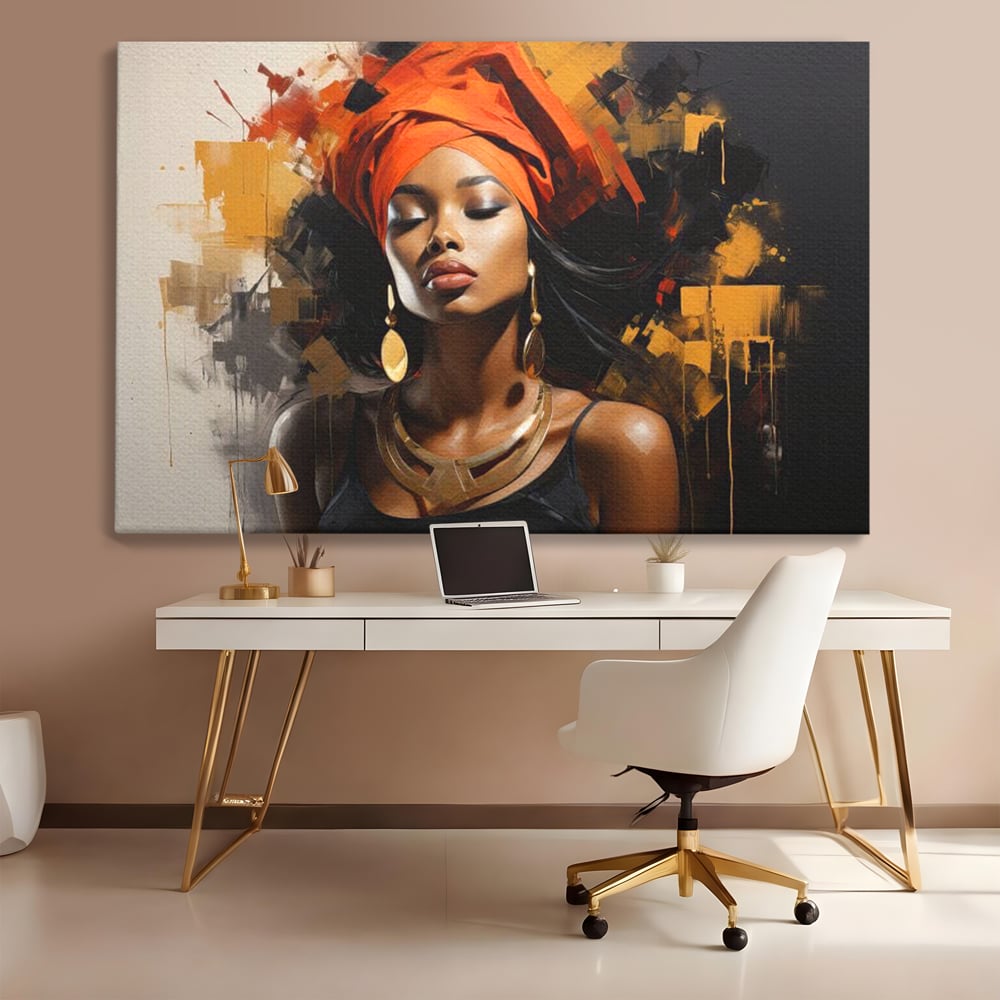Tablou canvas cu tablou canvas cu femeie si turban, fara rama, pe sasiu de lemn, pe perete intr-un birou