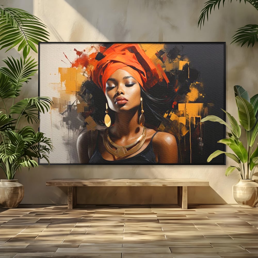Tablou canvas cu tablou canvas cu femeie si turban, in rama de aluminiu negru