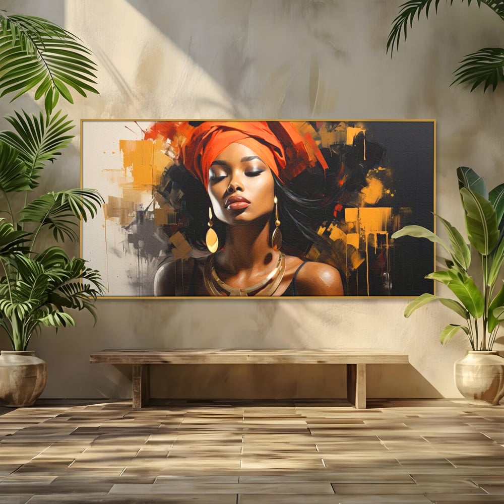 Tablou canvas cu tablou canvas cu femeie si turban, in rama de aluminiu auriu