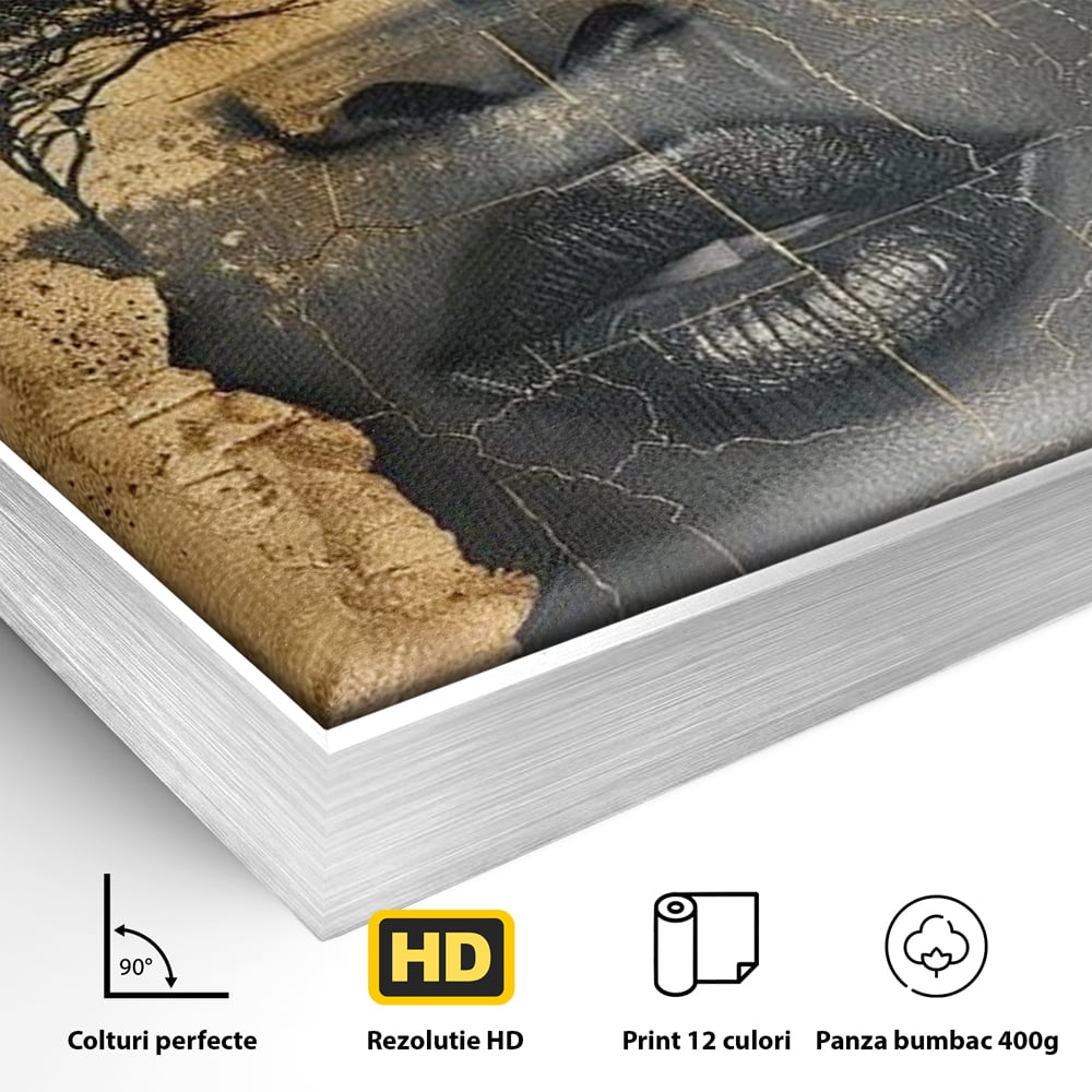 Detaliu al suprafetei: tablou canvas cu chip de femeie si copaci, in rama de aluminiu argintiu