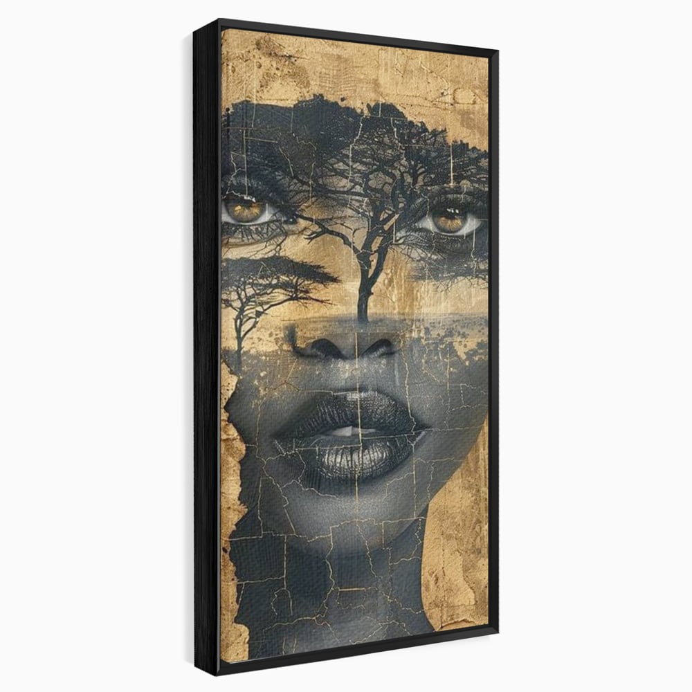 Tablou canvas cu tablou canvas cu chip de femeie si copaci, in rama de aluminiu negru