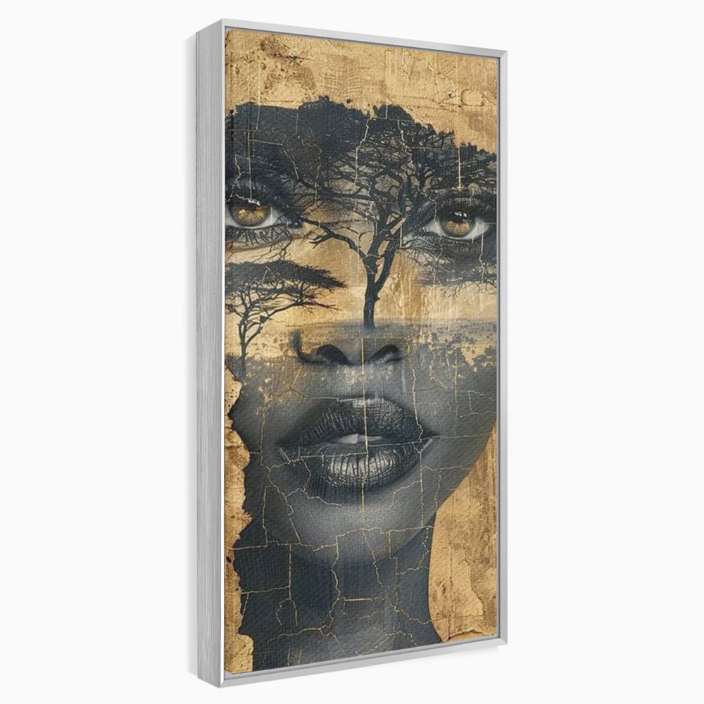 Tablou canvas cu tablou canvas cu chip de femeie si copaci, in rama de aluminiu argintiu