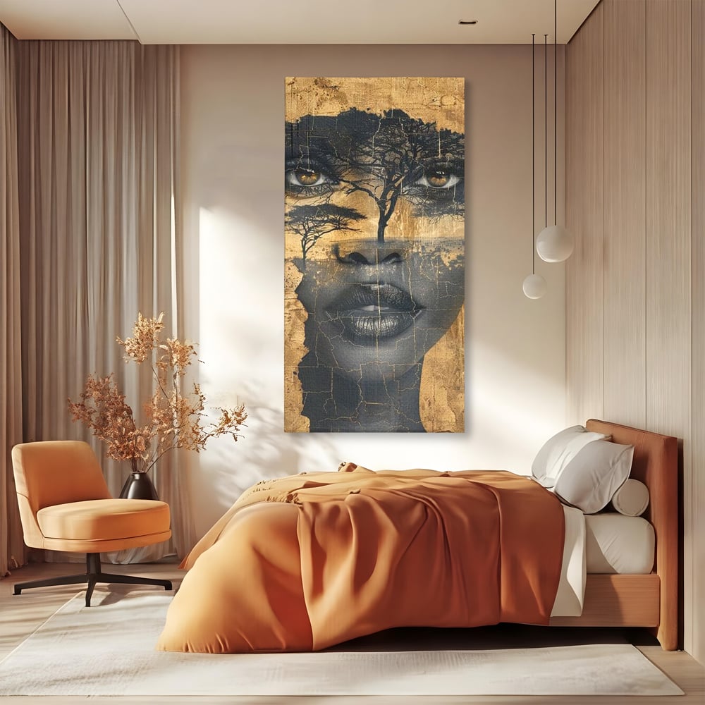 Tablou canvas cu tablou canvas cu chip de femeie si copaci, fara rama, pe sasiu de lemn, pe perete intr-un dormitor