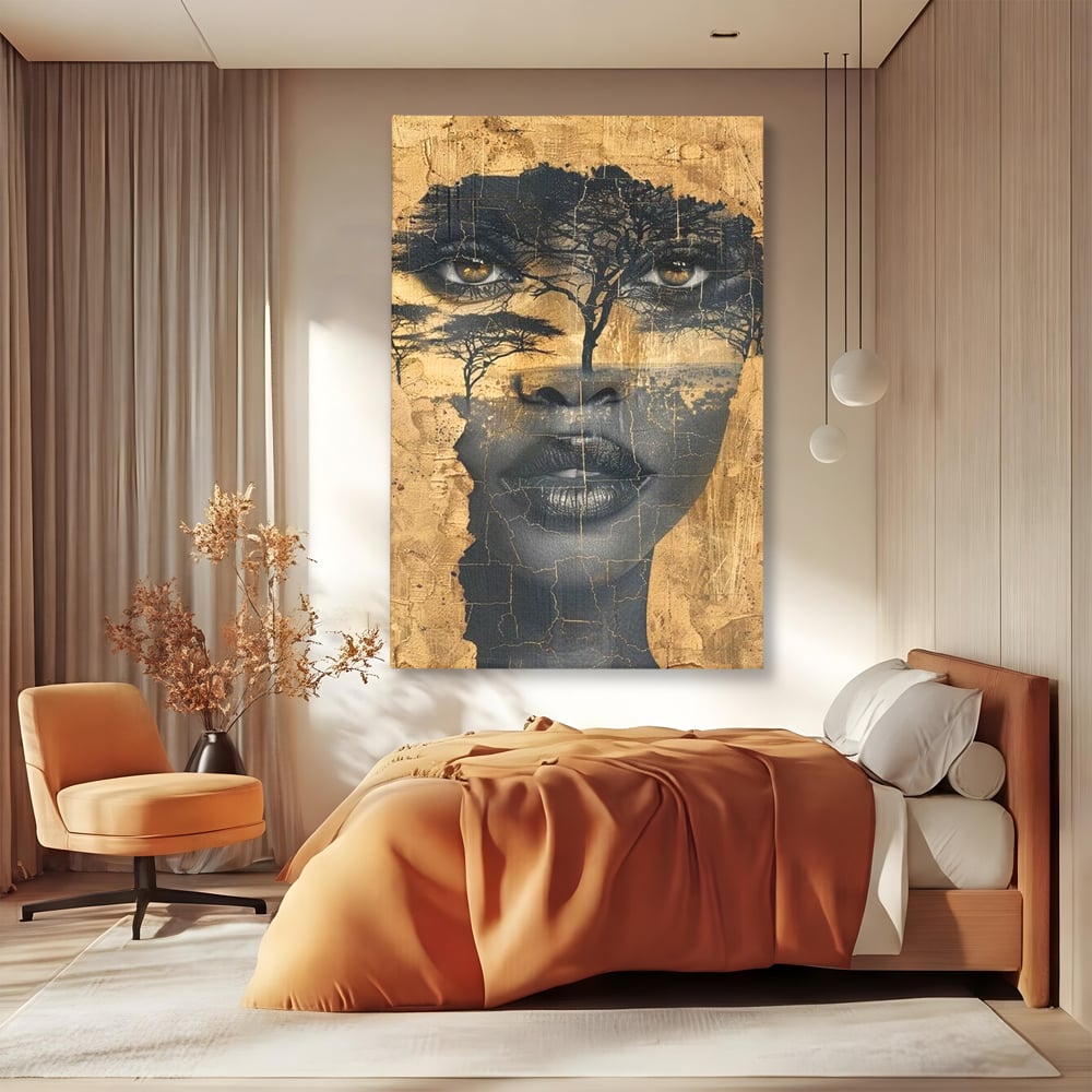Tablou canvas cu tablou canvas cu chip de femeie si copaci, fara rama, pe sasiu de lemn, pe perete intr-un dormitor
