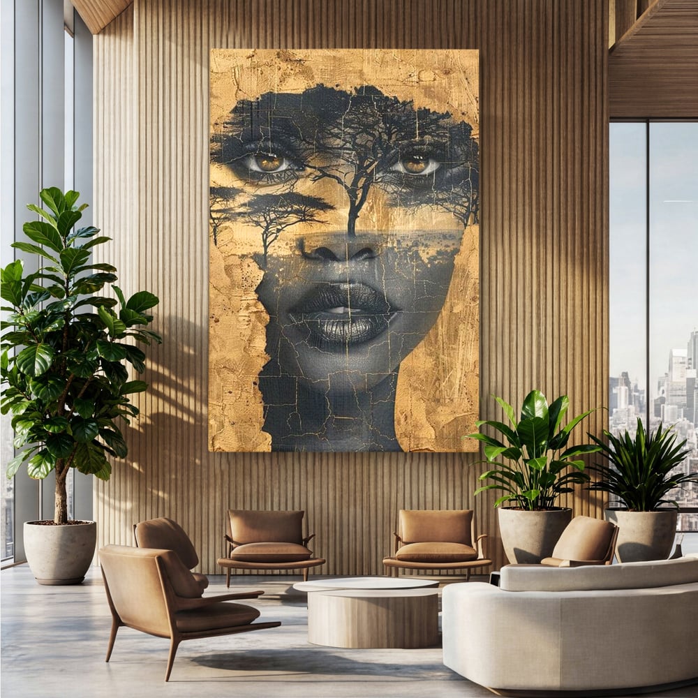 Tablou canvas cu tablou canvas cu chip de femeie si copaci, fara rama, pe sasiu de lemn, pe perete intr-un birou