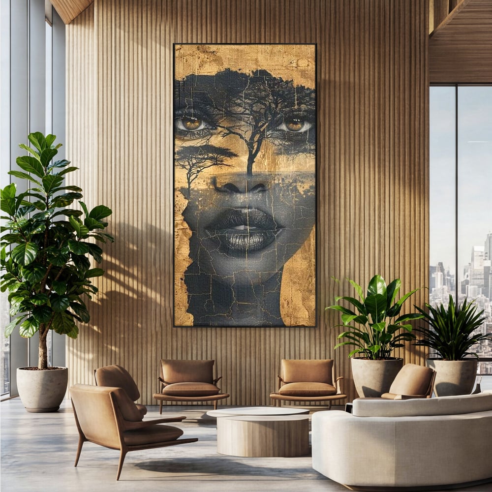 Tablou canvas cu tablou canvas cu chip de femeie si copaci, in rama de aluminiu negru, pe perete intr-un birou