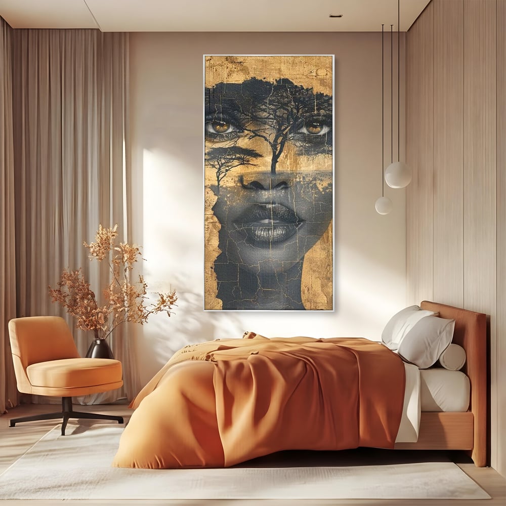 Tablou canvas cu tablou canvas cu chip de femeie si copaci, in rama de aluminiu argintiu, pe perete intr-un dormitor