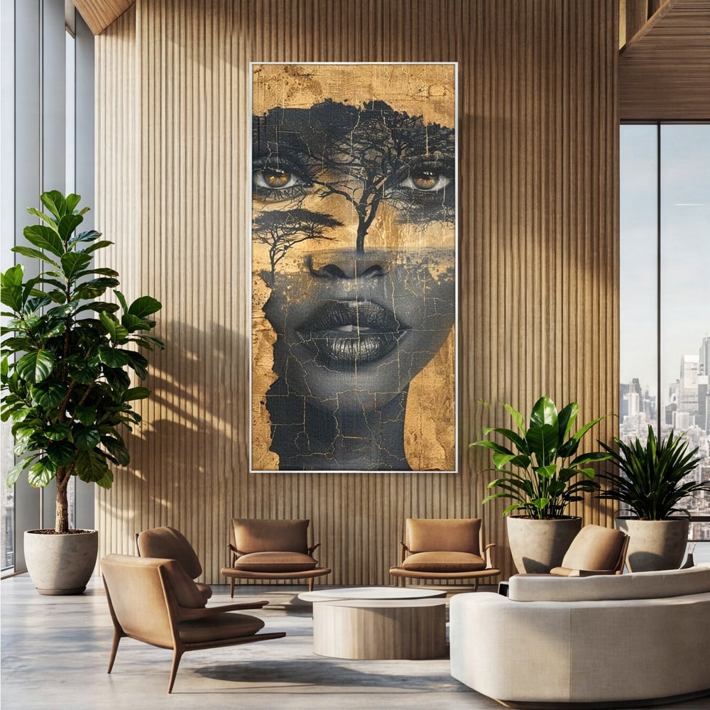 Tablou canvas cu tablou canvas cu chip de femeie si copaci, in rama de aluminiu argintiu, pe perete intr-un birou