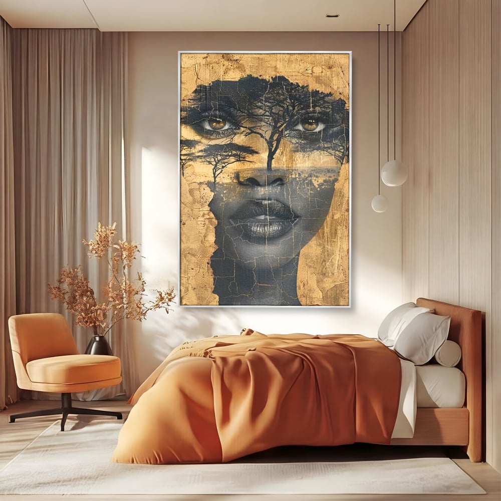 Tablou canvas cu tablou canvas cu chip de femeie si copaci, in rama de aluminiu argintiu, pe perete intr-un dormitor
