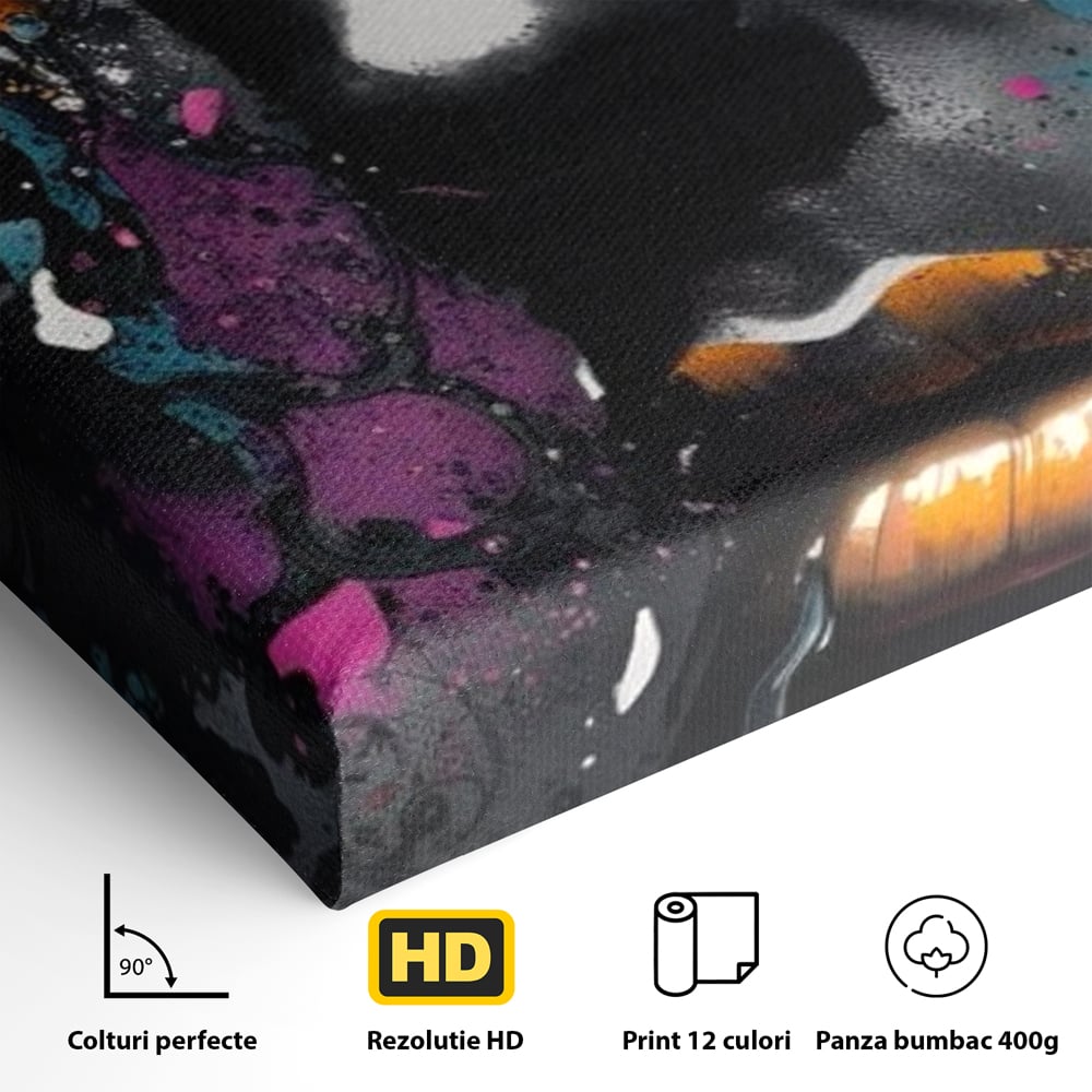 Detaliu al suprafetei: tablou canvas cu portret street art, fara rama, pe sasiu de lemn