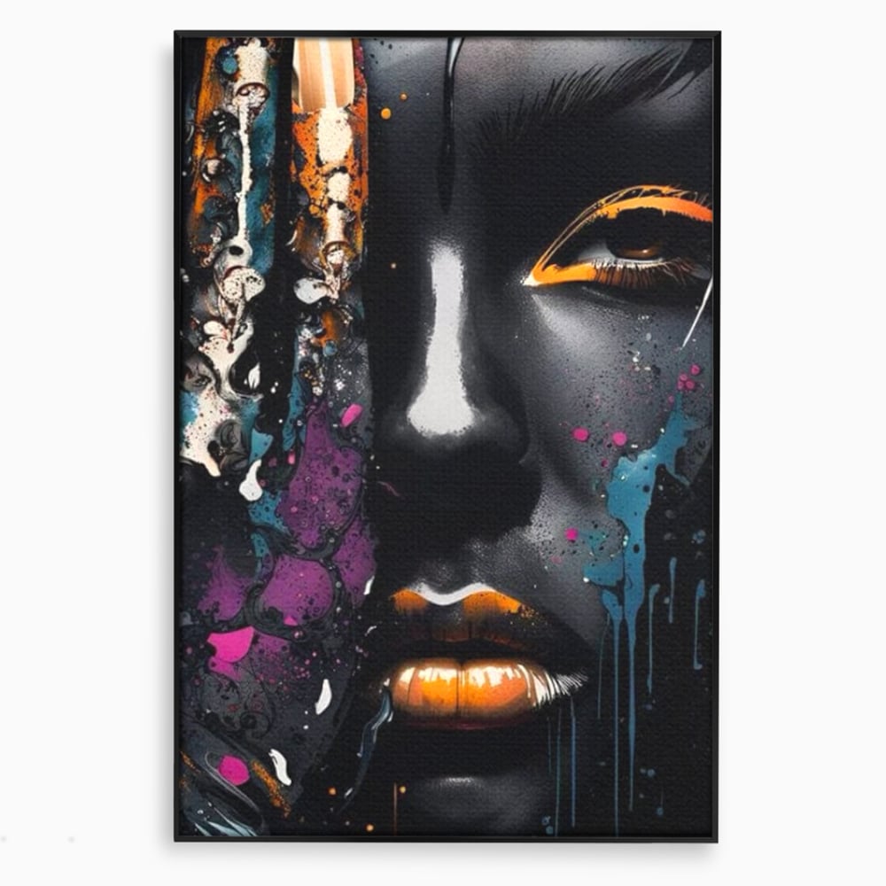 Tablou canvas cu tablou canvas cu portret street art, in rama de aluminiu negru