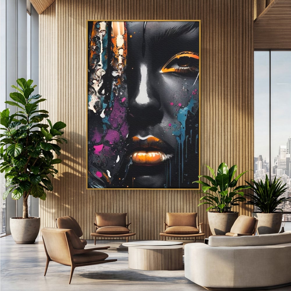 Tablou canvas cu tablou canvas cu portret street art, in rama de aluminiu auriu, pe perete intr-un birou