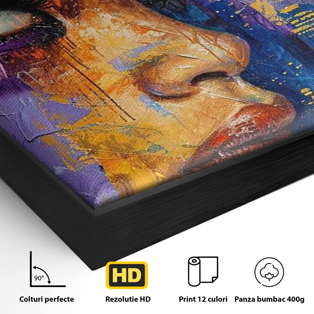 Detaliu al suprafetei: pictura digitala cu profil de femeie, in rama de aluminiu negru